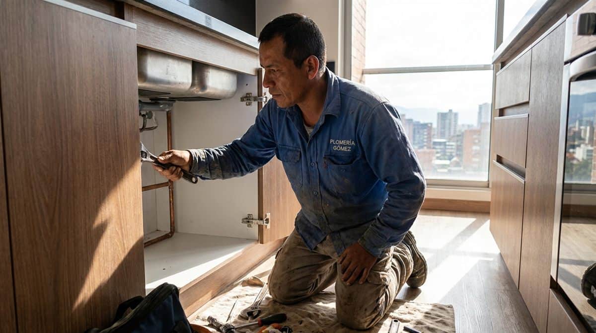 Plomero colombiano reparando tubería de cobre bajo lavaplatos en apartamento moderno