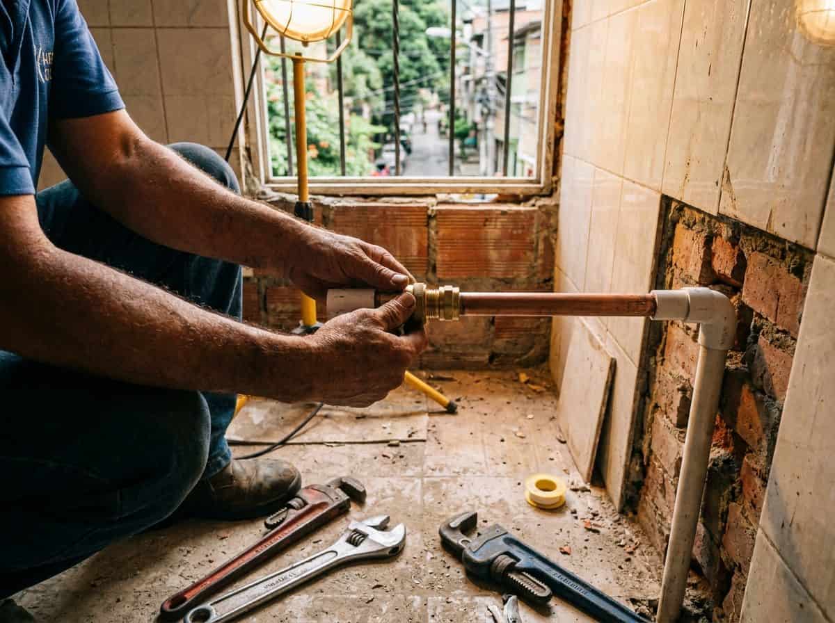 Manos de plomero ajustando conexión de tubería de cobre en baño en renovación