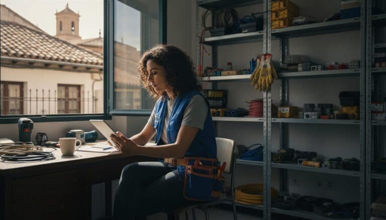 Profesional autónoma española revisando facturas electrónicas en su oficina con Verifactu