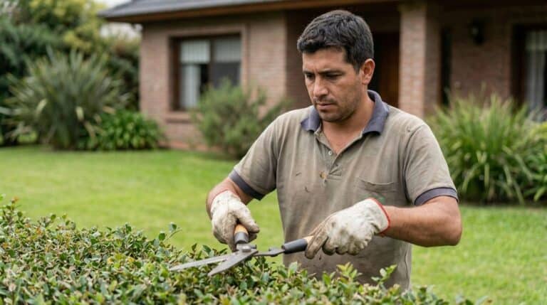 Jardinero podando un seto con tijeras en un jardín residencial del Gran Buenos Aires