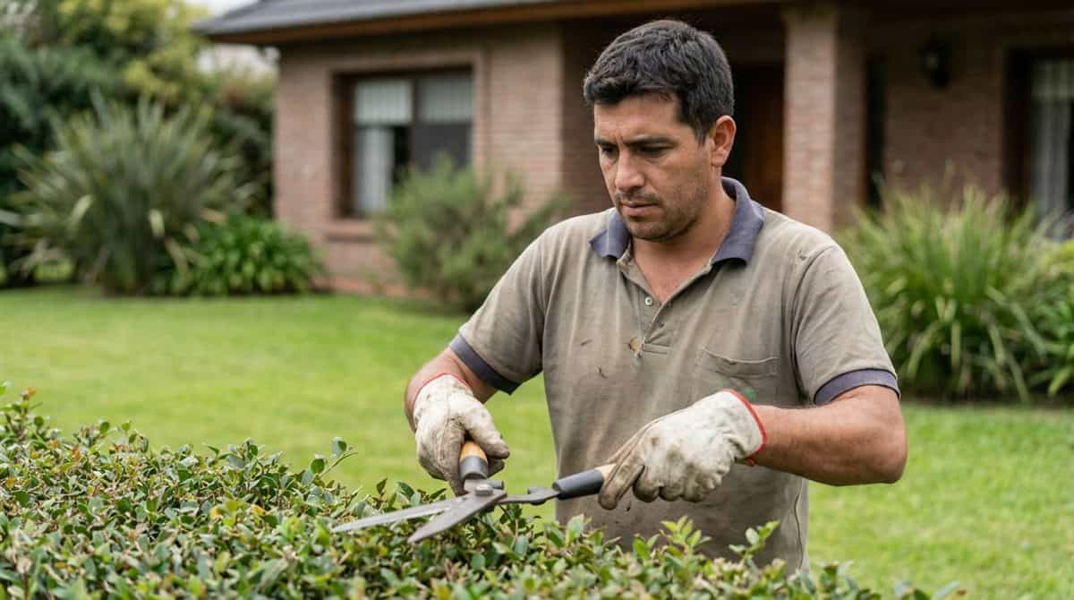 Jardinero podando un seto con tijeras en un jardín residencial del Gran Buenos Aires