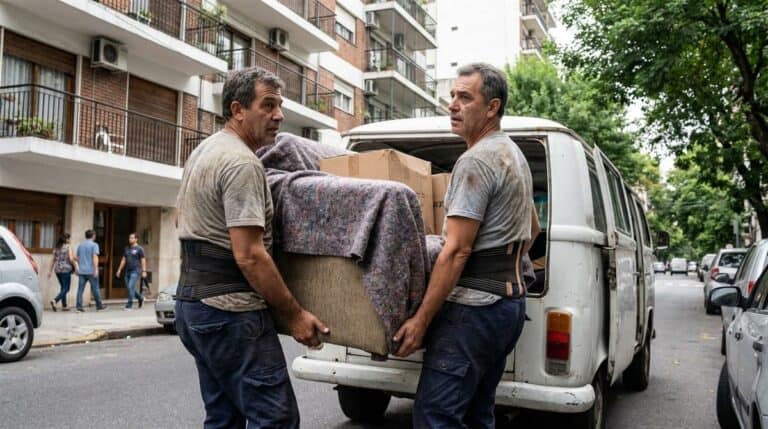 Dos fleteros cargando un sofá envuelto y cajas en un camión de mudanza en una calle de CABA