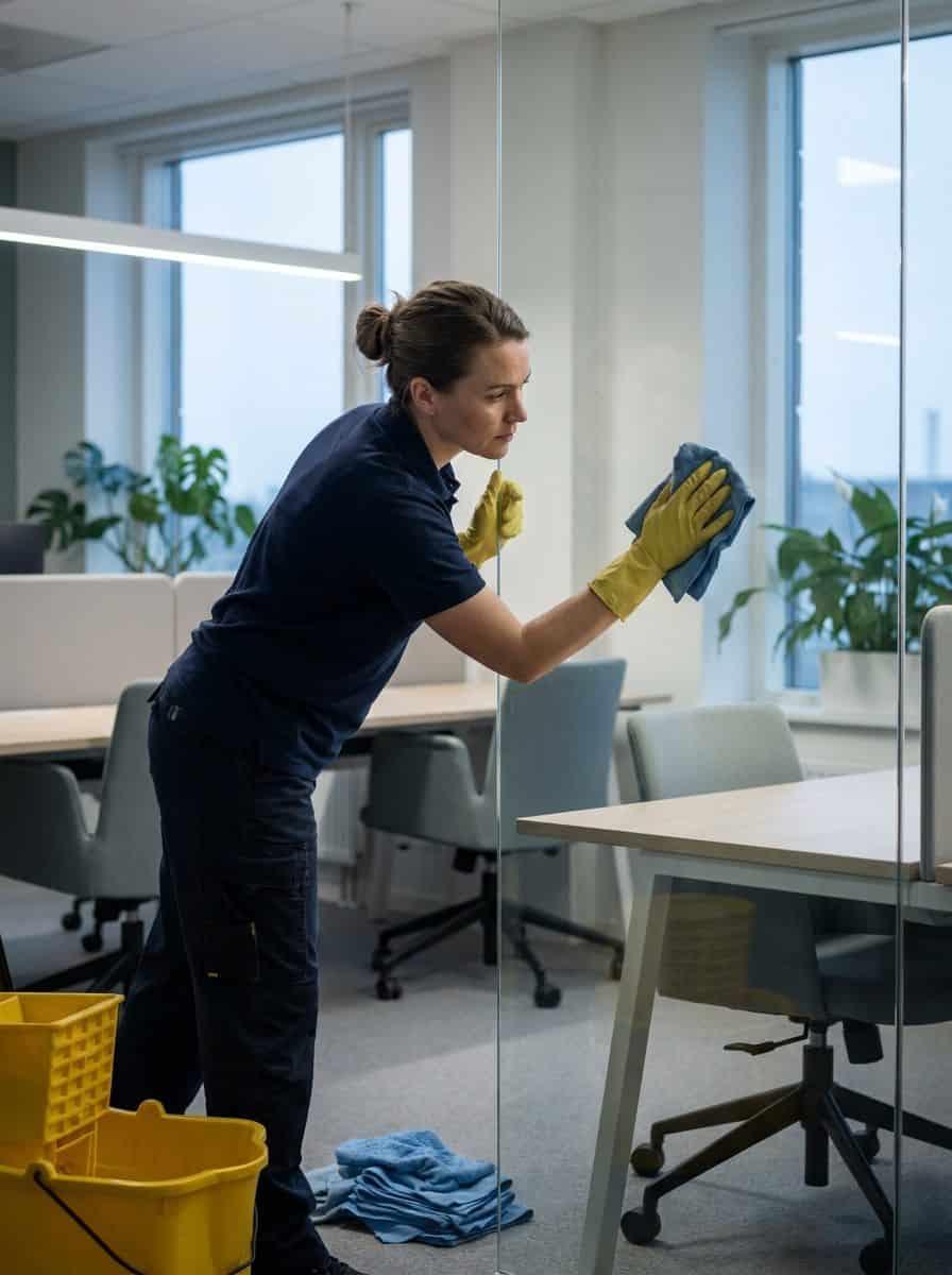 Operaria de limpieza repasando una superficie de vidrio en una oficina