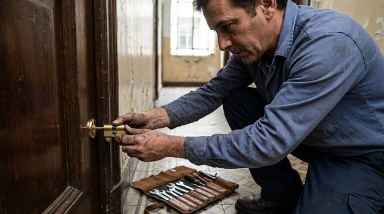 Cerrajero cambiando el cilindro de una cerradura en la puerta de un departamento