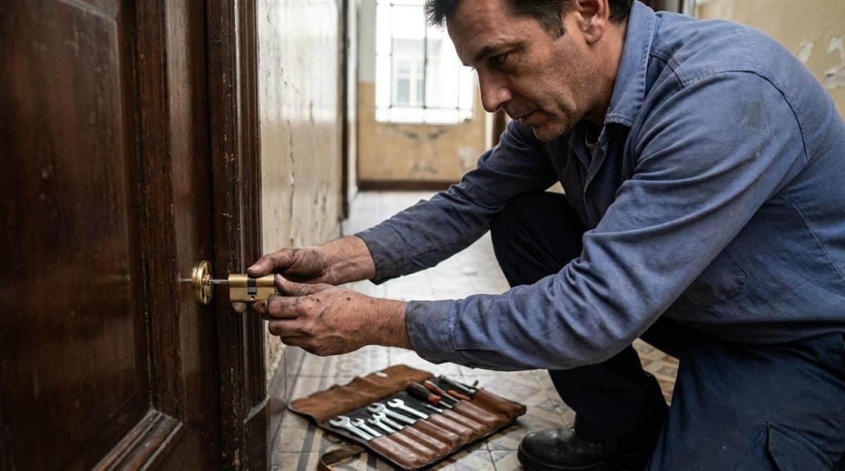 Cerrajero cambiando el cilindro de una cerradura en la puerta de un departamento