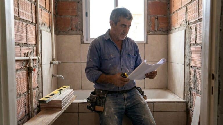 Contratista revisando un presupuesto en un baño en refacción