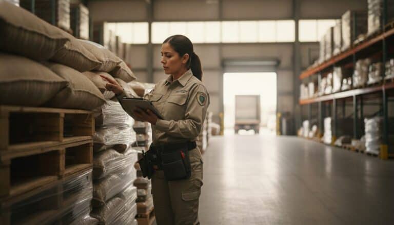 Técnica de control de plagas inspecciona tarimas de producto almacenado en una bodega de alimentos