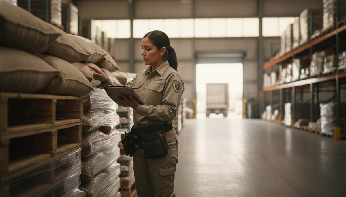 Técnica de control de plagas inspecciona tarimas de producto almacenado en una bodega de alimentos