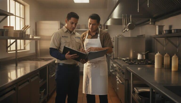 Técnico de control de plagas revisa una carpeta de cumplimiento con el gerente de un restaurante
