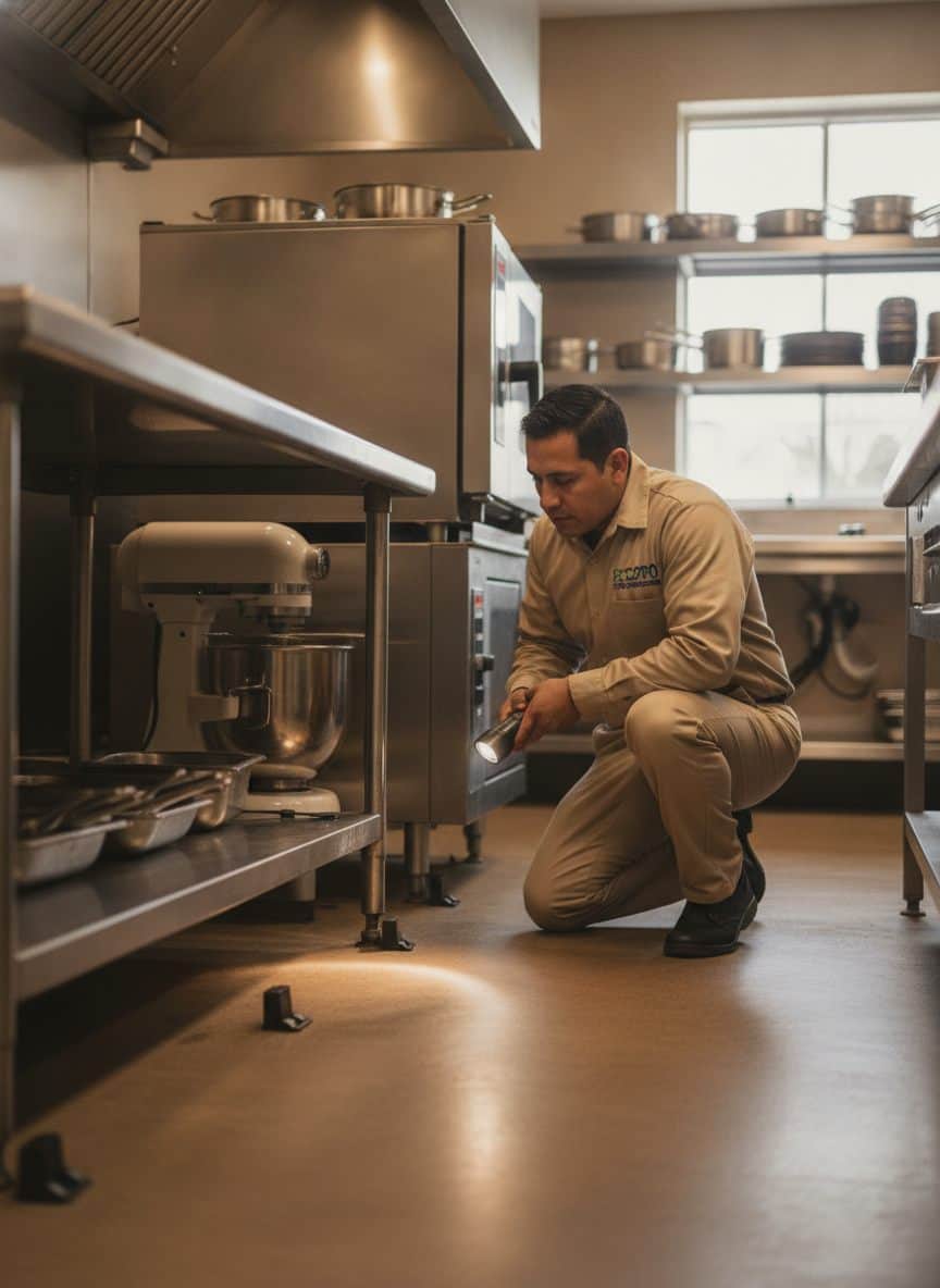 Técnico inspecciona con linterna bajo una mesa de acero inoxidable en una cocina de restaurante