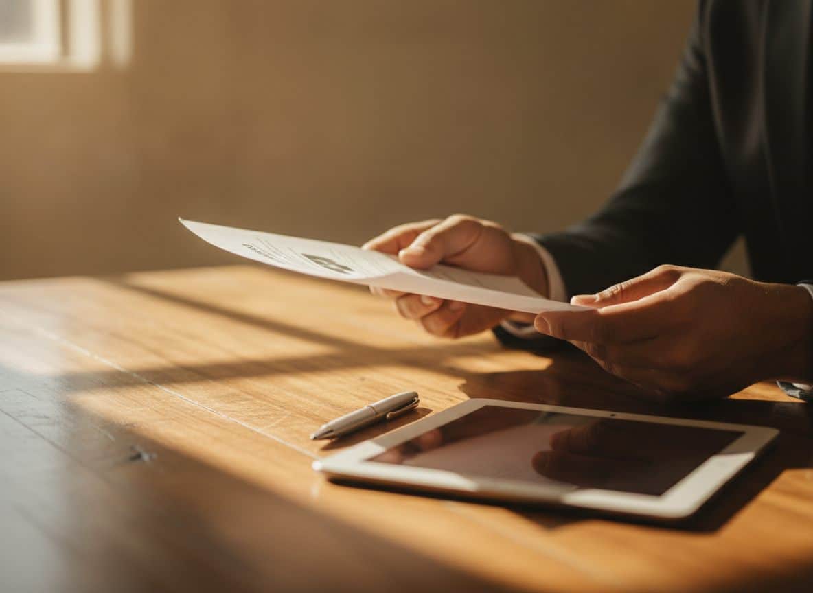 Manos entregan una propuesta de servicio impresa sobre un escritorio de oficina