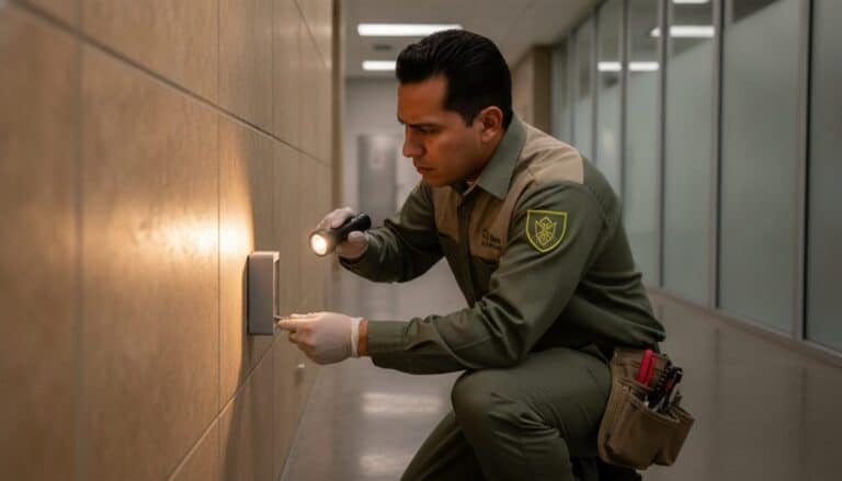 Técnico coloca una estación de monitoreo aplicando manejo integrado de plagas en un edificio comercial