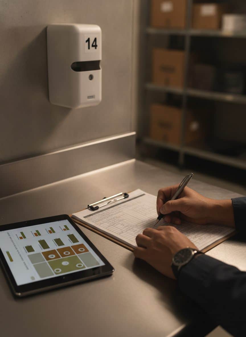 Manos de un técnico registran una inspección de plagas en bitácora junto a un mapa de dispositivos