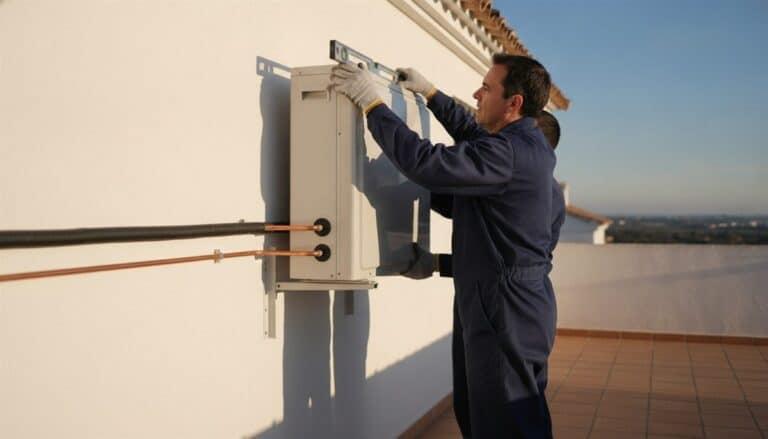 Instalador nivelando la unidad exterior de una bomba de calor sobre soportes en la pared de una terraza