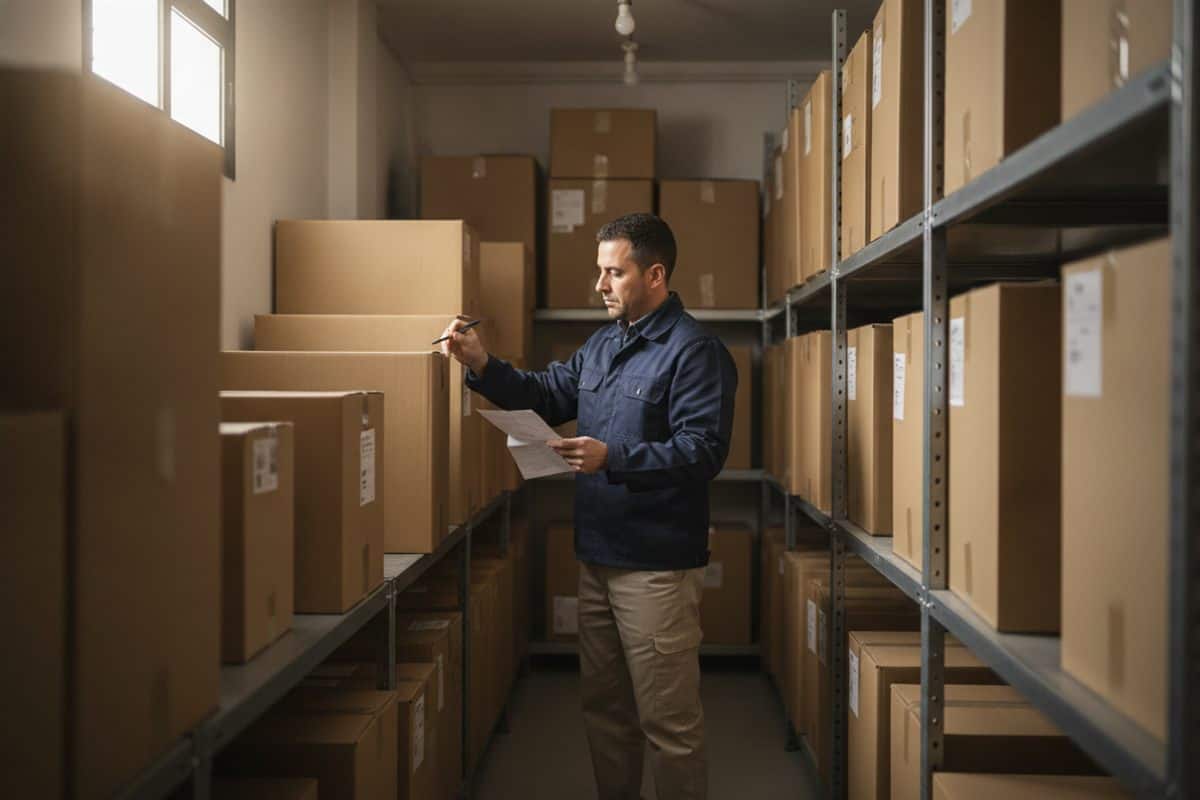Instalador revisando un albarán entre estanterías con cajas de unidades exteriores en su almacén