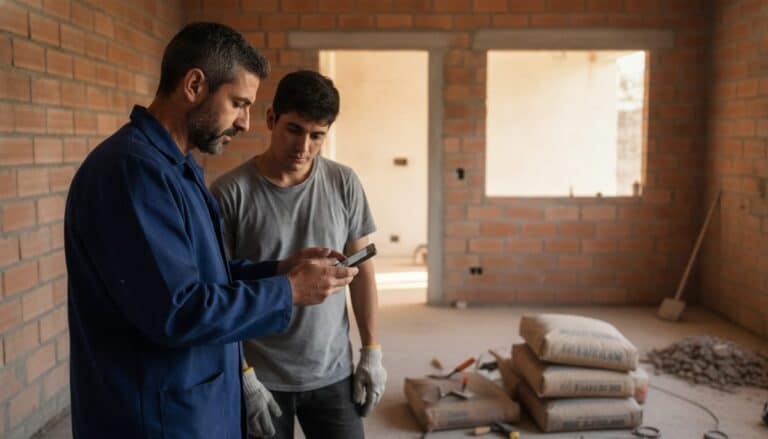 Contratista revisando el celular junto a su joven ayudante en la cocina en obra de una casa en refacción