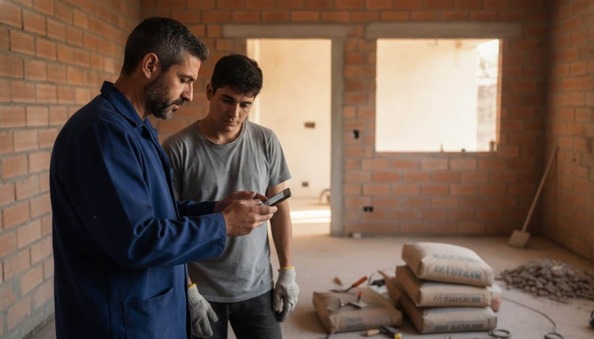 Contratista revisando el celular junto a su joven ayudante en la cocina en obra de una casa en refacción