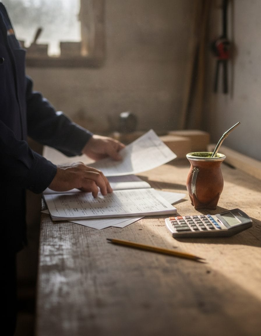 Manos de un contratista ordenando recibos de sueldo y una libreta junto a un mate y una calculadora