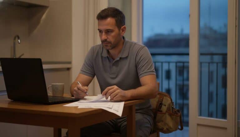 Fontanero autónomo revisando facturas con un bolígrafo junto a un portátil en la mesa de la cocina al anochecer