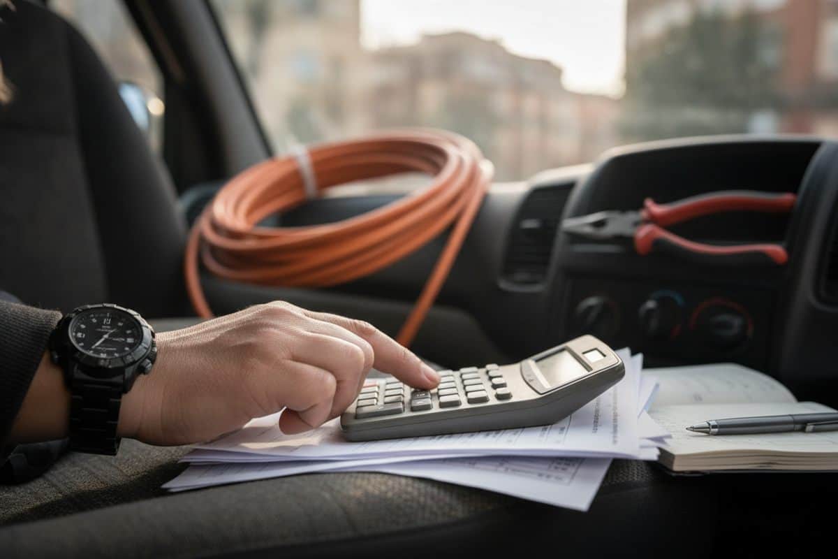 Mano sumando con una calculadora sobre facturas en el asiento de una furgoneta con cable y alicates