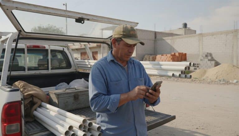 Contratista mexicano revisa su celular junto a la caja abierta de una camioneta cargada con tubería de PVC y herramienta, frente a un patio de materiales