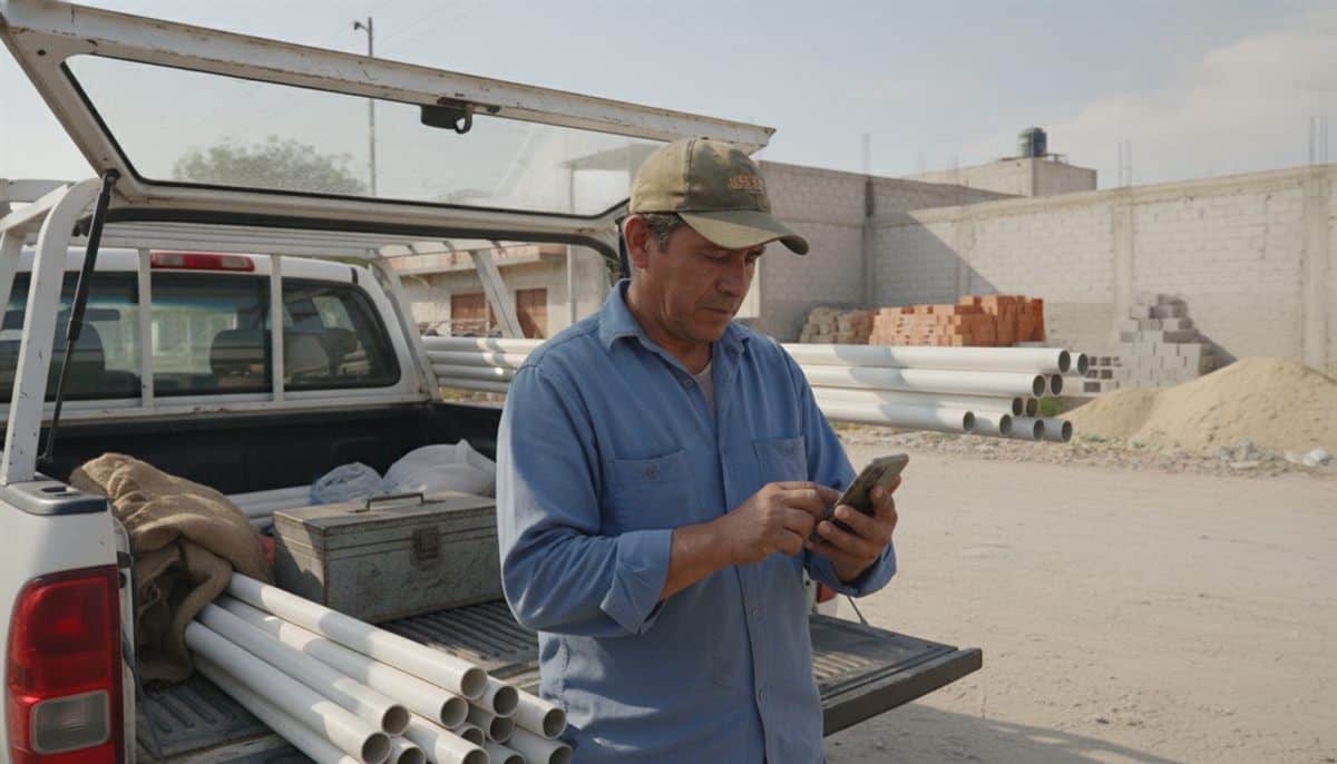 Contratista mexicano revisa su celular junto a la caja abierta de una camioneta cargada con tubería de PVC y herramienta, frente a un patio de materiales