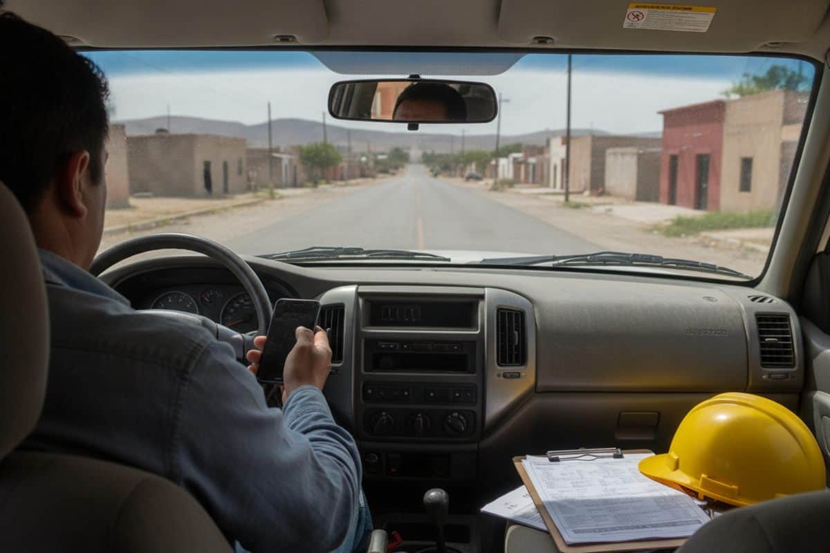 Vista desde la cabina de una camioneta de trabajo con el conductor consultando el celular y una tabla con papeles y un casco en el asiento del copiloto