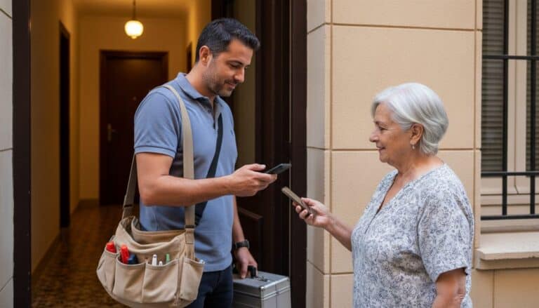 Electricista autónomo y una clienta con sus móviles en la puerta de un piso mientras se completa un cobro