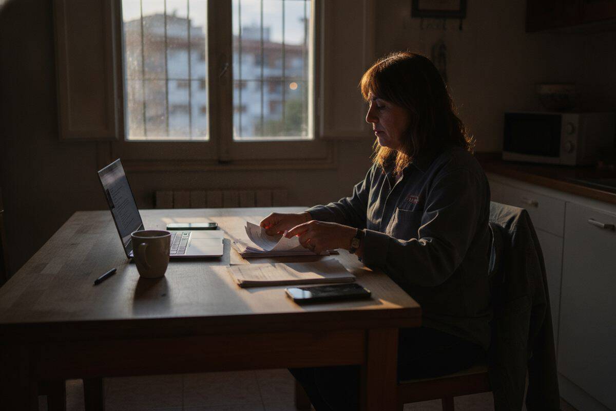 Autónoma en ropa de trabajo separando facturas en papel junto a un portátil y un móvil boca abajo en la mesa de la cocina