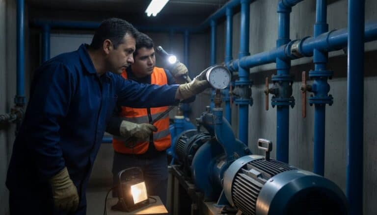 Gasfíter revisando el manómetro de una bomba de agua mientras su ayudante lo ilumina con una linterna