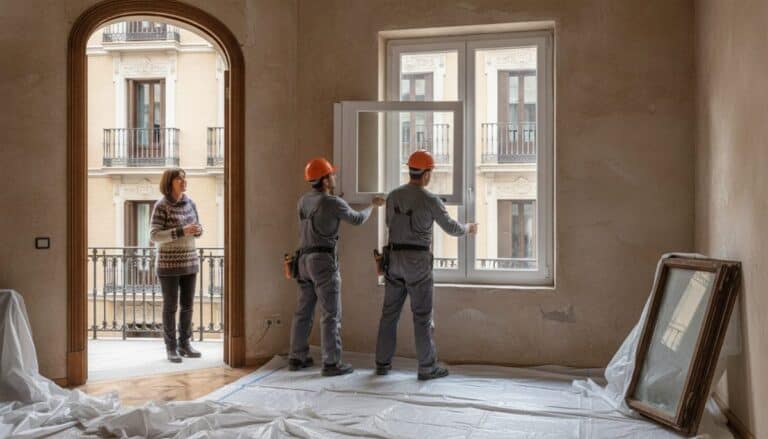 Dos operarios colocan una ventana nueva de doble acristalamiento en un piso de Madrid mientras la propietaria observa