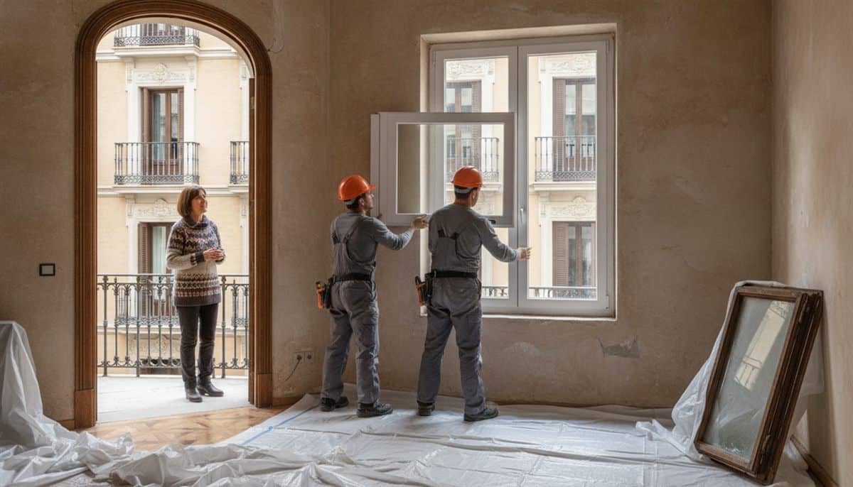 Dos operarios colocan una ventana nueva de doble acristalamiento en un piso de Madrid mientras la propietaria observa