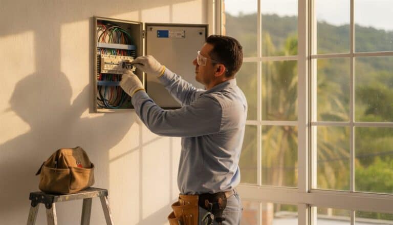 Técnico electricista con gafas y guantes ajustando un borne en el tablero de una casa junto a una ventana