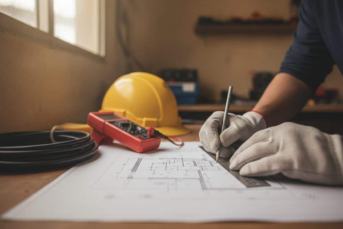 Manos con guantes trazando a lápiz un esquema eléctrico sobre el plano de una casa junto a un multímetro