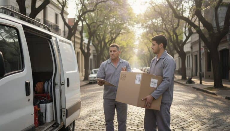 Técnico de aire acondicionado conversa con su ayudante, que carga una caja junto a una camioneta en una calle arbolada