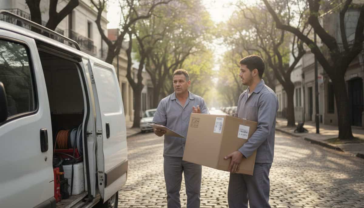 Técnico de aire acondicionado conversa con su ayudante, que carga una caja junto a una camioneta en una calle arbolada