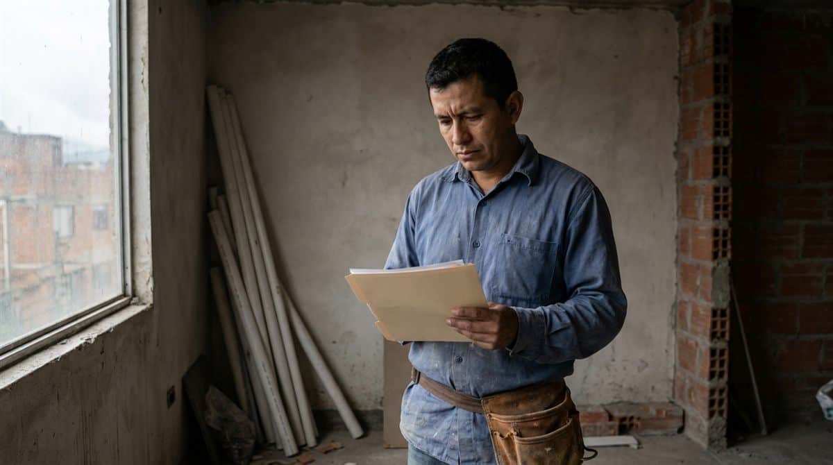 Contratista colombiano revisa una carpeta de facturas en una remodelación sin terminar