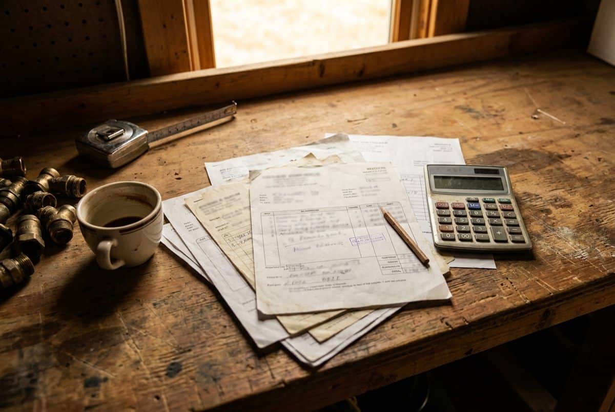 Facturas de proveedor, una calculadora y un lápiz sobre la mesa de un taller