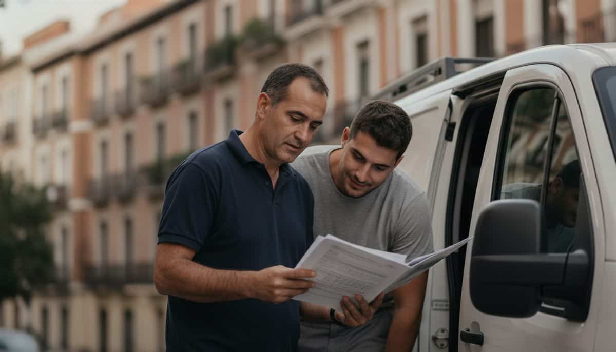 Autónomo español y su trabajador revisan unos documentos en papel junto a la furgoneta, en una calle de Madrid