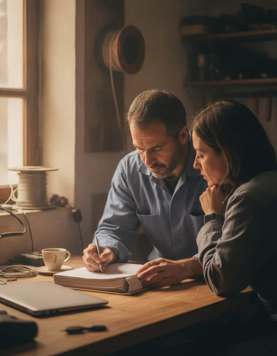 Autónomo marcando con un bolígrafo un documento grapado sobre la mesa del taller, con una trabajadora sentada a su lado