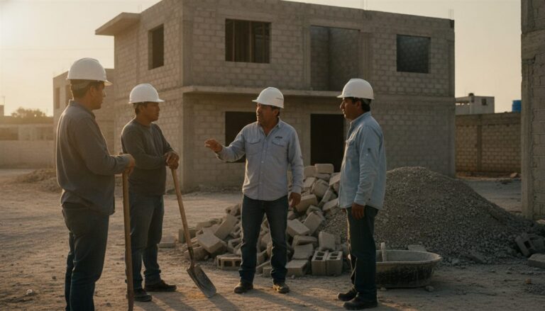 Contratista con casco explicando el plan de la semana a tres trabajadores frente a una casa de block en obra
