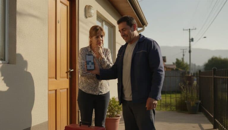 Gasfíter muestra en su celular algo a una clienta en la puerta de una casa, con la caja de herramientas a los pies