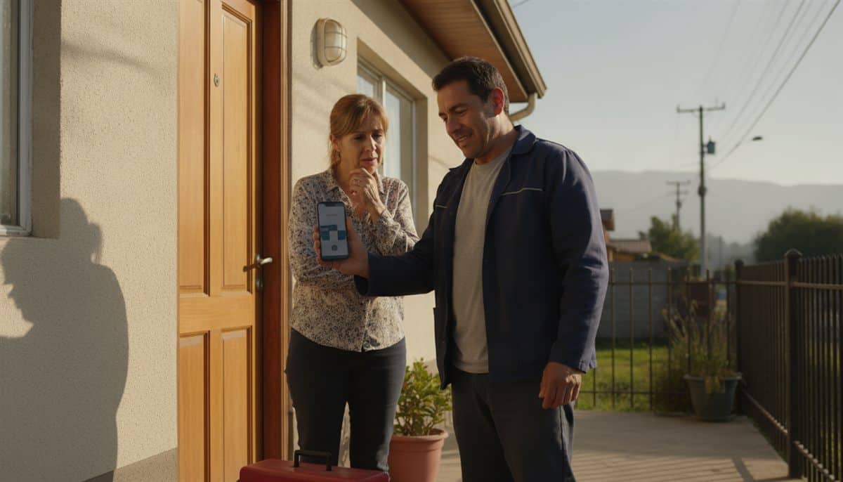 Gasfíter muestra en su celular algo a una clienta en la puerta de una casa, con la caja de herramientas a los pies