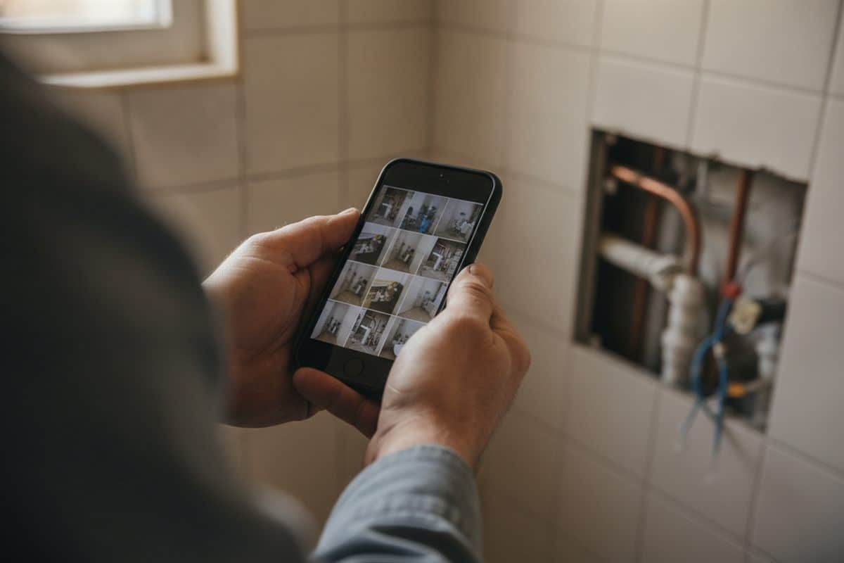 Manos de un maestro revisando en el celular fotos de un baño en reparación, con la pared abierta y las cañerías a la vista
