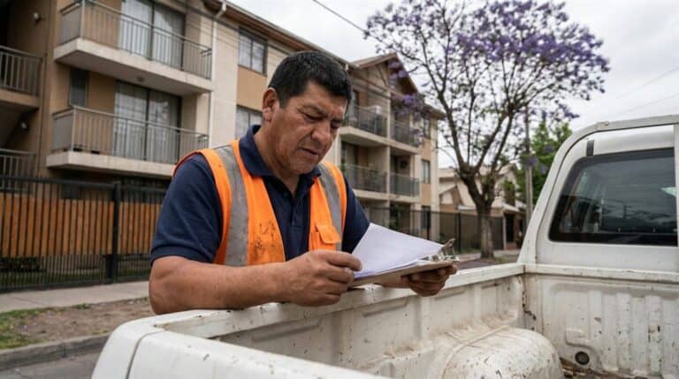 Contratista chileno revisa una factura apoyado en la tapa de su camioneta de trabajo