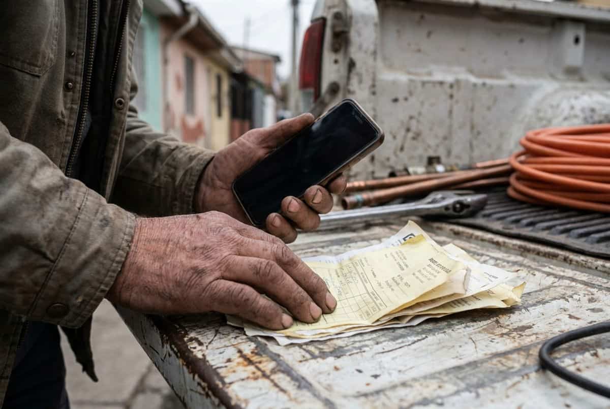 Manos de un gasfíter con el celular y facturas sobre la tapa de su camioneta
