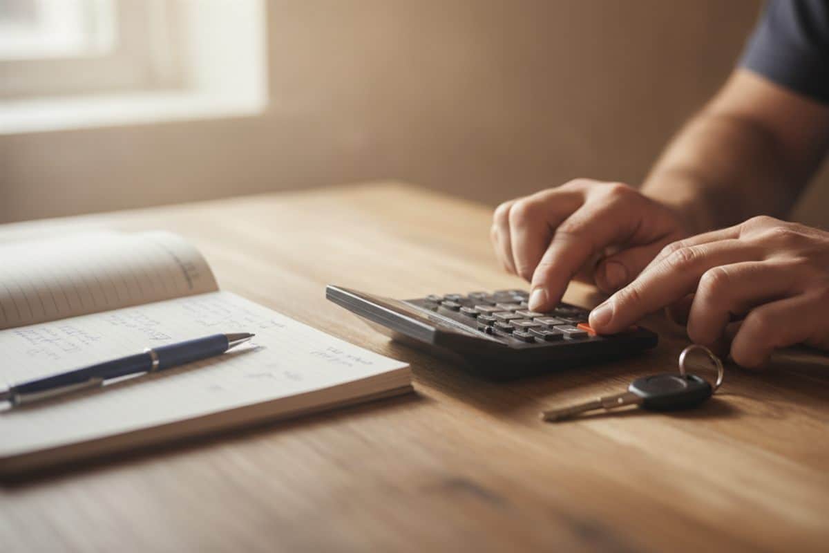 Manos de un autónomo usando una calculadora junto a una libreta con cifras a mano y las llaves de la furgoneta