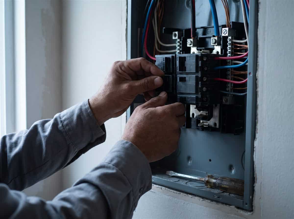 Manos de electricistas conectando una pastilla en un centro de carga residencial en México