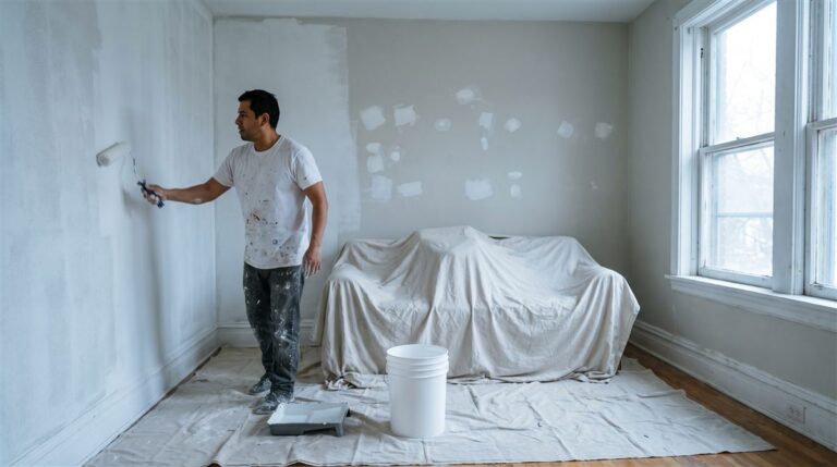 Pintor aplicando la primera mano con rodillo en una sala, con resanes visibles en el muro del fondo