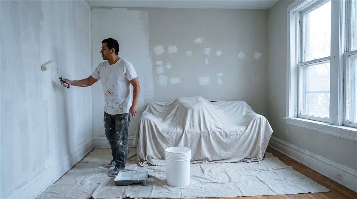 Pintor aplicando la primera mano con rodillo en una sala, con resanes visibles en el muro del fondo